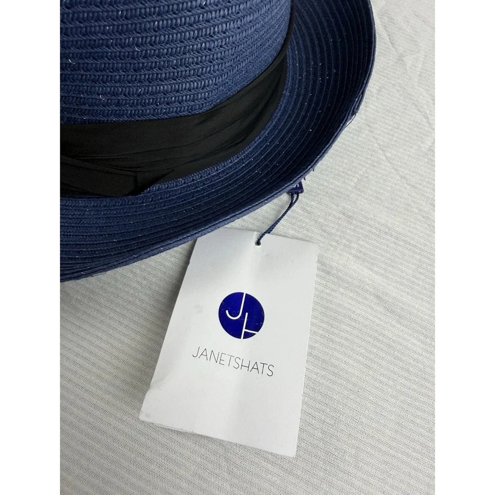 Janetshats Blue Straw Fedora Hat w/ Black Band, Size L, Women's Casual Travel